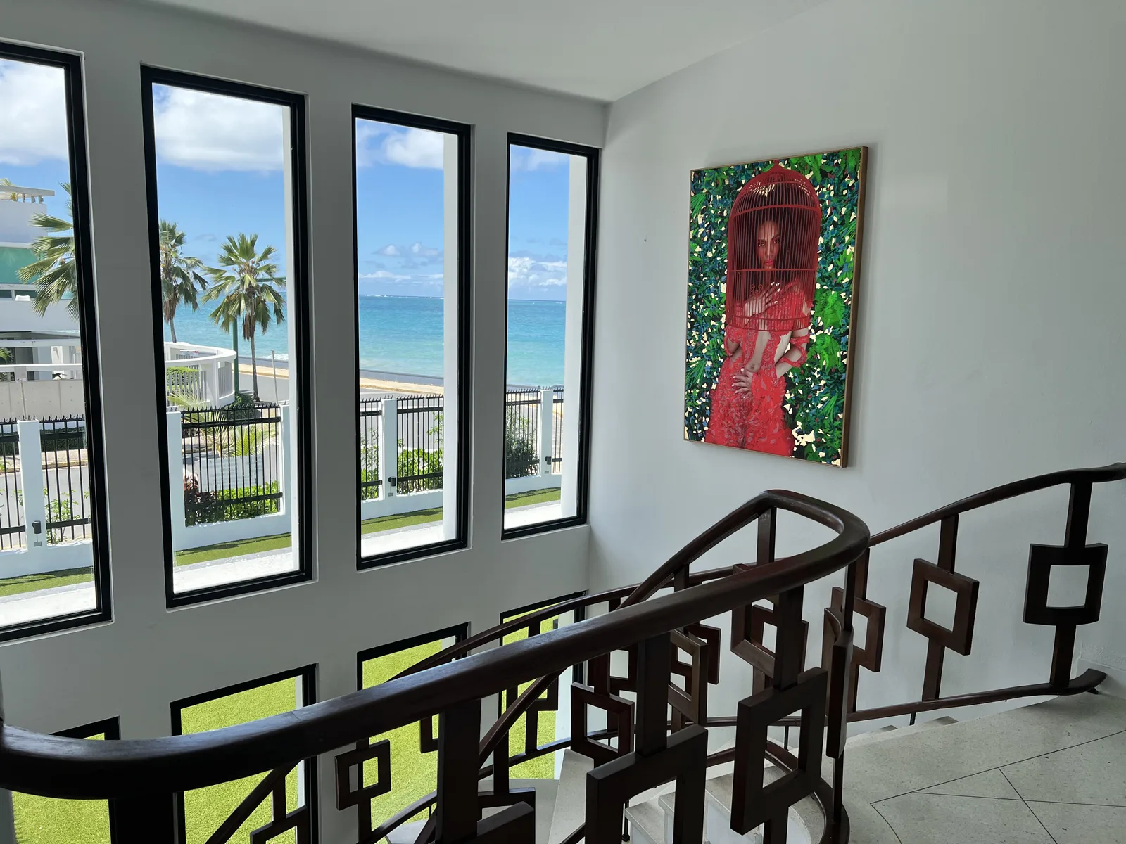 Staircase landing with ocean view